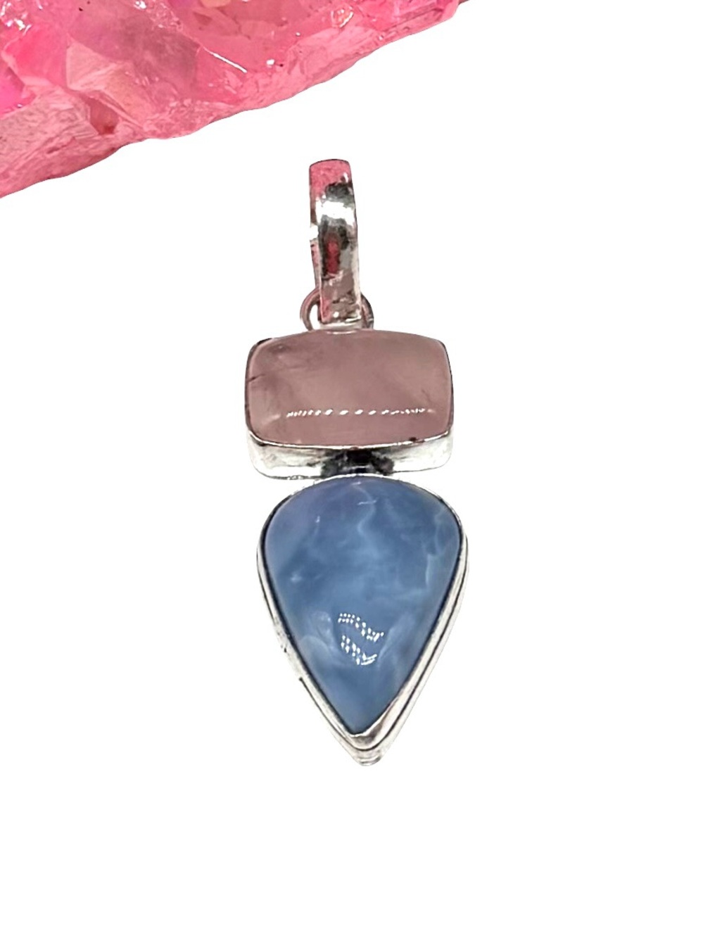 Rose Quartz & Blue Owyhee Opal Necklace Pendant 925 Sterling Silver Overlay